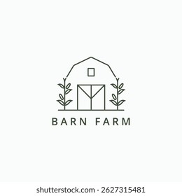 Celeiro com plantas de milho em design de logotipo de esboço de arte em linha. Ícone de logotipo do símbolo de culturas do celeiro da fazenda