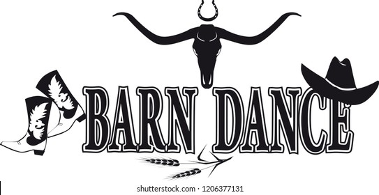 Barn dance black silhouette vector banner with cowboy boots and hat and buffalo scull, no white objects, EPS 8