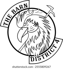 The barn district 4 eagle outline illustration in black and white colors. agriculture animal and breeding cattle circle farmland. geometric hills natural livestock