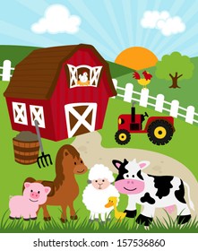 Barn With Farm Animals - Vector Illustration