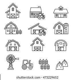 Barn & Farm Building Icon Set. thin line style