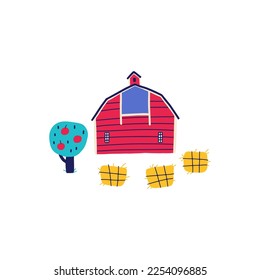 Barn farm. Composition with red wooden building in hand drawn cartoon scandinavian doodle style. The colorful limited palette is ideal for printing. Vector isolate on white background