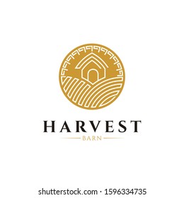 Barn farm gold emblem logo with minimalist line art style. Harvest logo concept with golden coins shape