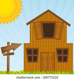 Barn, farm with grass an sky, vector illustration