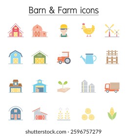 Barn and Farm icon set in flat color style