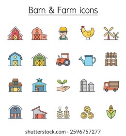 Barn and Farm icon set in thin liine style in color line style