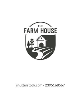 Barn, emblema del logo de Farmhouse con casa de campo en campo agrícola. Insignia de época para productos naturales y comida orgánica. Ilustración del vector