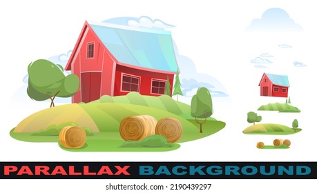 Barn. Garden and rolling hills. Rural farm landscape with windmill and straw. Set parallax effect. Cute funny cartoon design illustration. Isolated on white background. Flat style. Vector