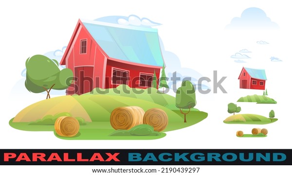 Barn.
Garden and rolling hills. Rural farm landscape with windmill and
straw. Set parallax effect. Cute funny cartoon design illustration.
Isolated on white background. Flat style.
Vector