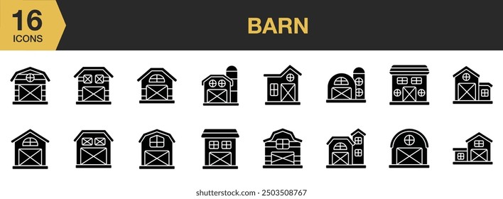 Symbol-Set 'Scheunenglyph'. Umfasst das Symbol für das Symbol für das Symbol für die Scheunen und Mehr. Vektorgrafik mit durchgezogenen Symbolen.