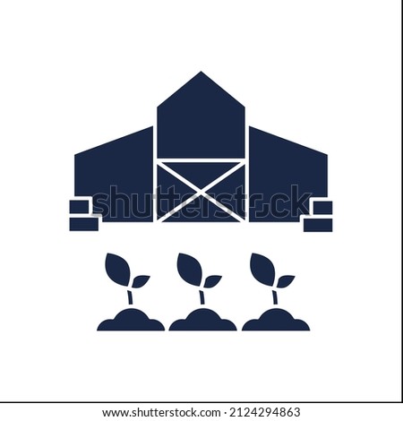 Barn glyph icon. Storage house and field with plants. Farming. Agriculture. Smart farm concept.Filled flat sign. Isolated silhouette vector illustration