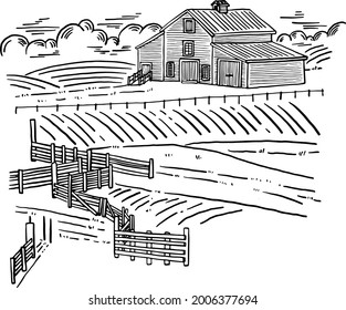 Barn house Farm landscape Hand drawn line art illustration classic style
