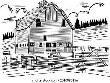 Barn house paisaje Granja Dibujo de línea de la mano ilustración estilo clásico