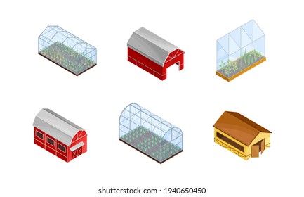 Barn House and Green House with Crops Growing as Agricultural and Farming Industry Vector Isometric Set svg