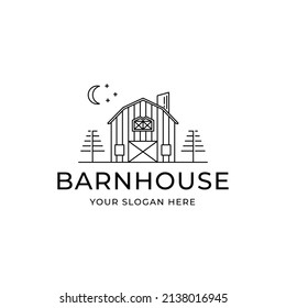 Barn House Moon Star Pine Tree Line Art Minimalist Logo Vector Illustration Design