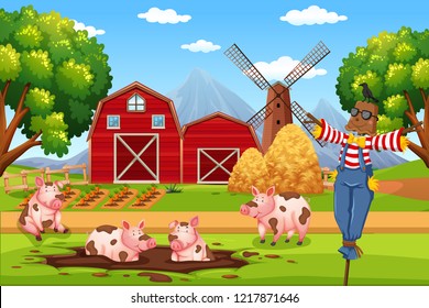Barn house in rural landscape illustration