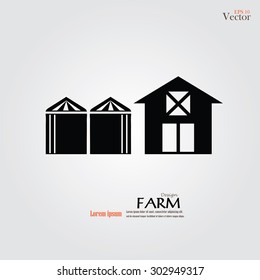 Barn house with silo icon on gray background. Vector illustration.