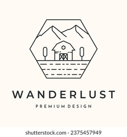 barn house wanderlust line art logo vector minimalist illustration design, farm house nature logo design