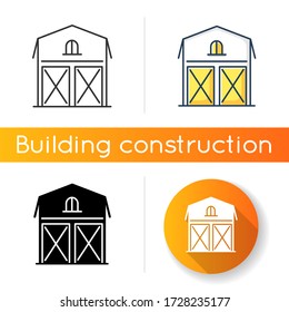 Barn icon. Farming storage construction. Grain warehouse. Agriculture house exterior. Wooden stockroom for harvest. Linear black and RGB color styles. Isolated vector illustrations