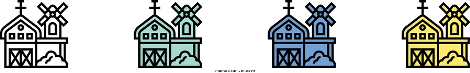 barn icon. Outline, Green, Blue and Yellow Style Design Isolated On White Background
