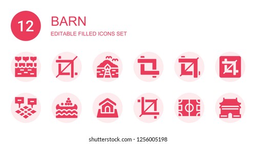 barn icon set. Collection of 12 filled barn icons included Farm, Crop, Bungalow, Field, Water market, Land, Ming dynasty tombs