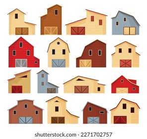 Barn icon set. Farmyard architecture buildings. Cartoon farm sheds. Wooden stables in rustic retro style. Vector illustration in flat style on white background