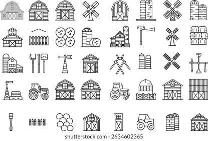 ícones de celeiro no conjunto de estilo de linha. fazenda, agricultura, campo, ilustração de vetor de armazenamento