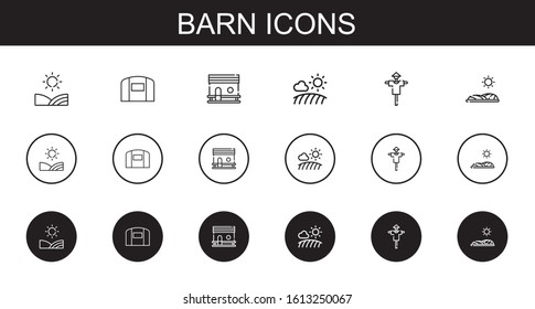 barn icons set. Collection of barn with field, hangar, chicken coop, scarecrow. Editable and scalable barn icons.