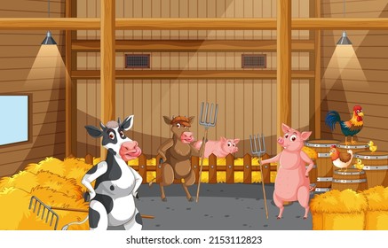 Barn indoor scene with farm animals illustration