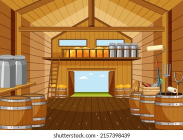 Barn Indoor Scene With Farm Animals Illustration