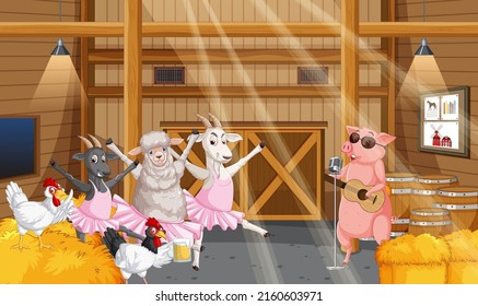 Barn indoor scene with farm animals illustration