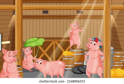 Barn indoor scene with farm animals illustration