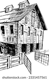 A barn ink illustration. Farming architecture vector detailed drawing. Black and white artwork. 