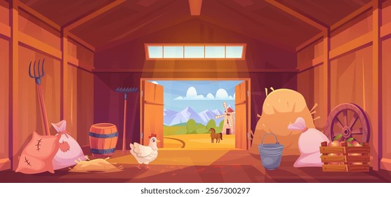 Barn inside interior. Cartoon shed with window and open gates, wooden farmhouse empty rural storehouse stable hay indoor wood building farming ranch, swanky vector illustration original artwork