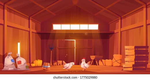 Barn Interior With Chicken, Farm House Inside View. Wooden Ranch With Haystacks, Sacks, Fork, Huge Gate And Window Under Roof. Traditional Countryside Storehouse Building Cartoon Vector Illustration