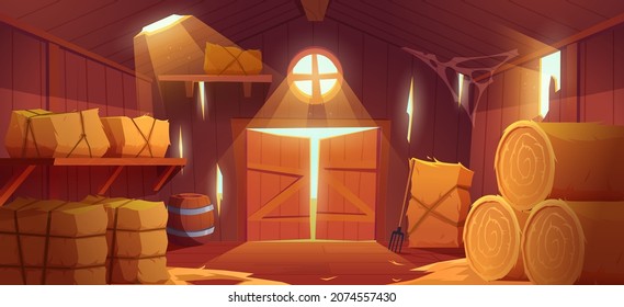 Barn interior. Rural countryside wooden building with pack of square haystacks exact vector cartoon background of village
