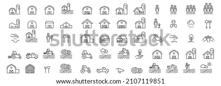 Barn Line Icons Set Vector Illustration , Farmer And Village Farm 