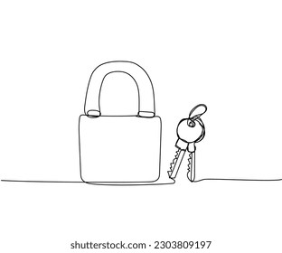 Barn lock, apartment keys one line art. Continuous line drawing of entrance, rusty, steel, padlock, key, exterior, storage, latch, barn, door, old, lock, farm, keys, safety, property, secure, unlock
