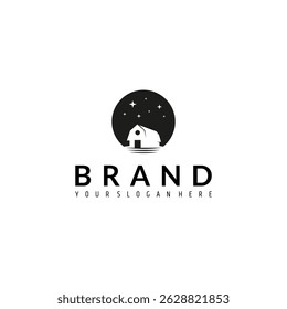 logotipo celeiro em um campo de fazenda com uma forma de lua decorada com estrelas em design plano