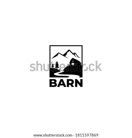 Barn, mountain and river creek logo vector. Vintage farming logo template