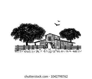 Barn with Oak tree and Flying Birds Hand Drawing Symbol Farm Logo Vector