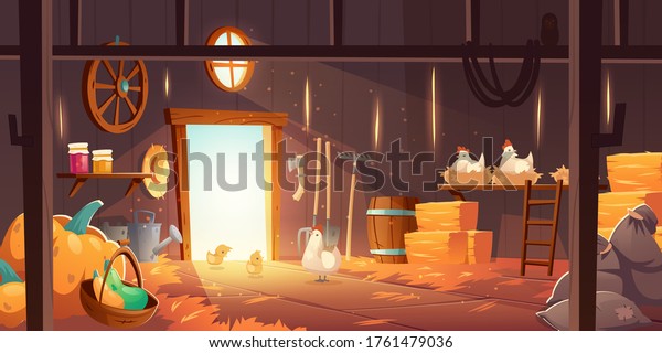 Barn on\
farm with chickens, straw and hay. Vector cartoon interior of old\
wooden shed with hen nests, haystack, fork, garden tools, bags and\
pumpkin. Rural barnhouse for storage\
harvest