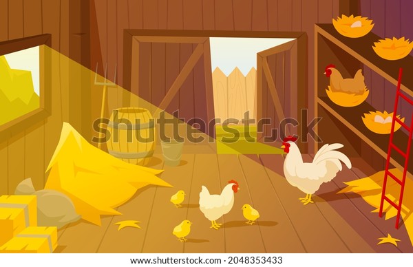 Barn on farm with chickens, straw and hay as\
a chicken coop. Interior of old wooden shed with hen nests,\
haystack, garden tools. Rural barnhouse for storage harvest. Flat\
cartoon vector\
illustration