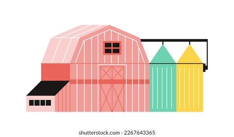 Barn on farm. Colorful poster with red wooden building for farm animals, cattle and livestock. Stall or hangar in rural or countryside. Cartoon flat vector illustration isolated on white background
