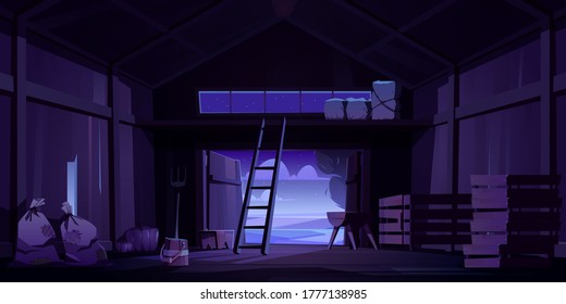 Barn on farm with harvest, straw and hay at night. Vector cartoon interior of old wooden shed with haystack on loft, ladder, fork, bags and pumpkin. Empty rural barnhouse for storage harvest