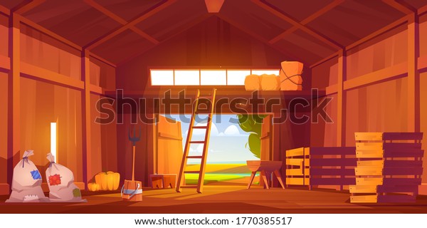 Barn on farm with\
harvest, straw and hay. Vector cartoon interior of old wooden shed\
with haystack on loft, ladder, fork, bags and pumpkin. Rural\
barnhouse for storage\
harvest