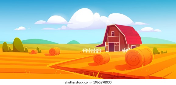 Barn on farm nature rural background with hay stacks on field and eco wind mills under cloudy sky. Countryside farmland tranquil summer time or fall landscape. Cartoon vector illustration