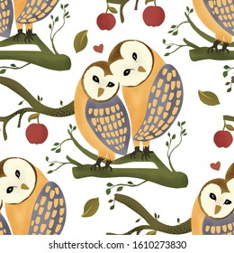 Barn owl animal seamless pattern in a flat style. Romantic vector illustration on a white background.