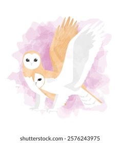 Barn Owl Bird Valentines Day Animal Symbol of Love Postcard Watercolor Vector Illustration