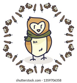 Barn owl cartoon vector illustration motif set. Hand drawn isolated woodland bird egg nest elements clipart for nature blog, wildlife graphic, forest bird web buttons.